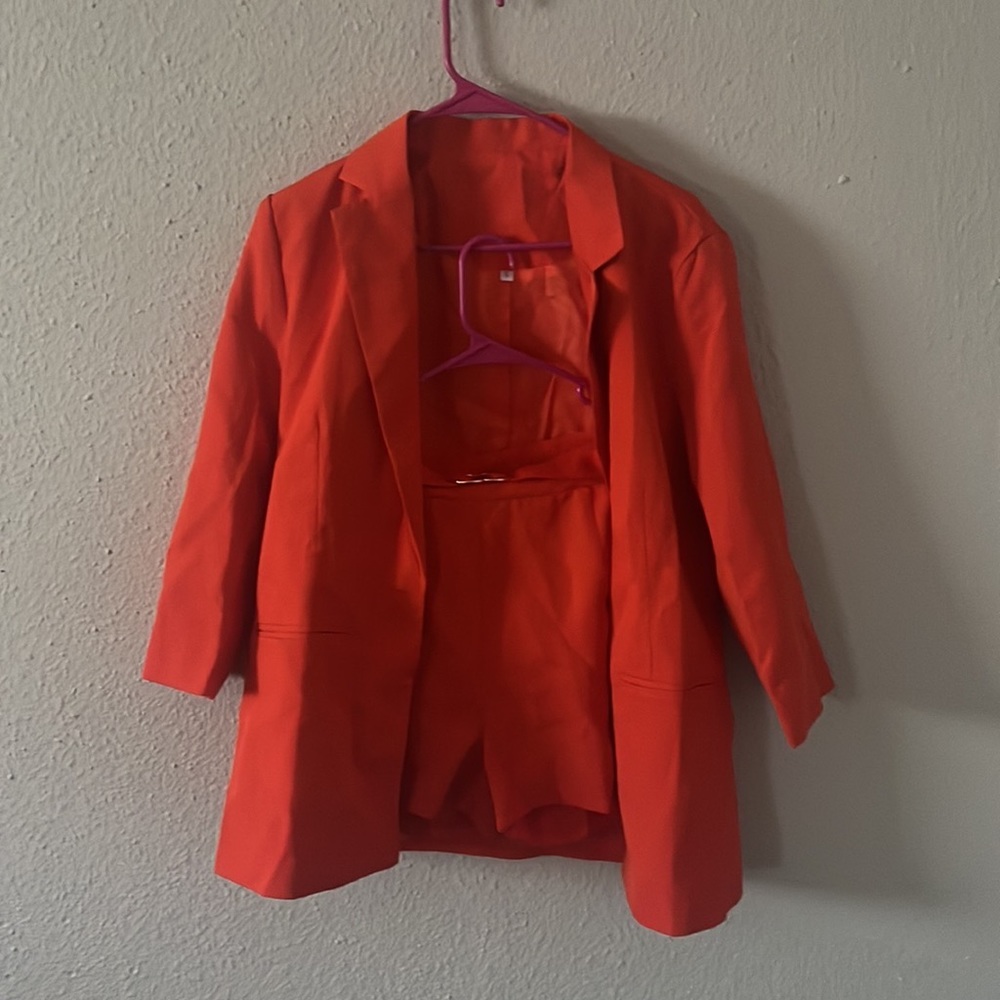Joyfunear Neon Orange Single Button Blazer & Ring Detail Shorts Set